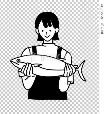 漁業 水産業 イラスト 女性 魚 白黒 モノクロのイラスト素材