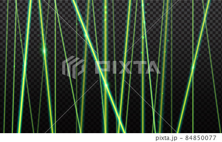 Green laser beam. Laser rays, green lighting effect on transparent black background. Green laser beam. Laser rays, green lighting effect on transparent black background. 84850077