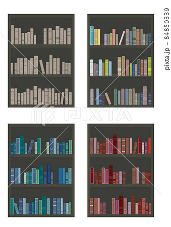 イラスト素材 4種類のパステルカラーの可愛い本が並んだ本棚セットのイラスト素材