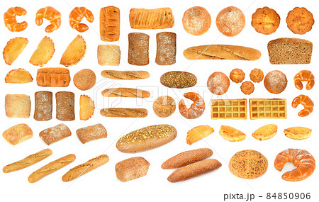 Large set healthy fresh bread products isolated on white 84850906