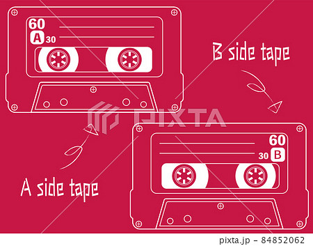 カセットテープ、線画、白線画、A面とB面のセットのイラスト素材