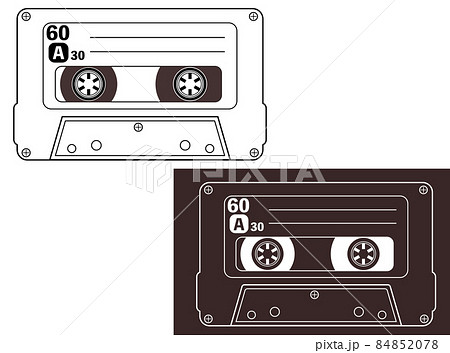 カセットテープ 線画 黒線画 白線画のセットのイラスト素材