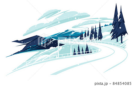 Automobile road in the mountains in winter. Flat vector landscape of hills, mountains and highway Illustration of overpass with cement barrier. 84854085