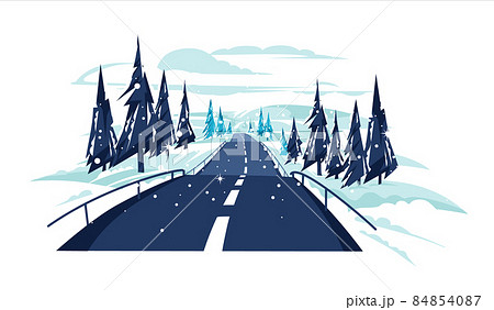 Empty country scene among hills with snowy road and fir-trees. Winter road or flat vector illustration.  84854087