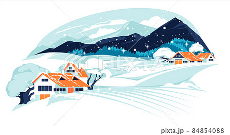 Winter houses among snow fields.Empty scene with mountains , coniferouse trees and clouds on the background. Flat vector illustration Winter houses among snow fields.Empty scene with mountains , coniferouse trees and clouds on the background. Flat vector illustration 84854088