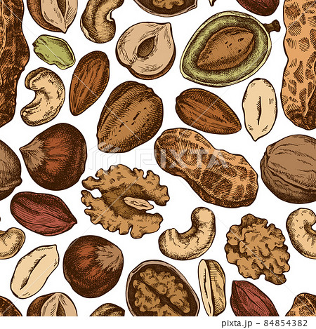 Seamless pattern with hand drawn colored cashew, peanut, pistachio, hazelnut, almond, walnut Seamless pattern with hand drawn colored cashew, peanut, pistachio, hazelnut, almond, walnut 84854382