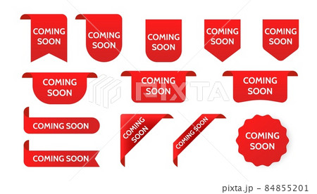 Coming soon promo labels. Red ribbons. Vector bage and banners 84855201