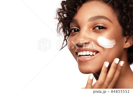 African American skincare models with perfect skin and curly hair. Beauty spa treatment concept. African American skincare models with perfect skin and curly hair. Beauty spa treatment concept. 84855552