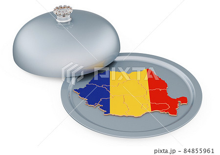 Restaurant cloche with Romanian map. 3D rendering 84855961