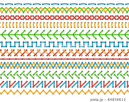 Embroidery stitches. Color decorative seams, seamless borders, ethnical sewing rows, lines pattern, needlework and ornaments, textile and fabric decoration vector isolated set Embroidery stitches. Color decorative seams, seamless borders, ethnical sewing rows, lines pattern, needlework and ornaments, textile and fabric decoration vector isolated set 84856613