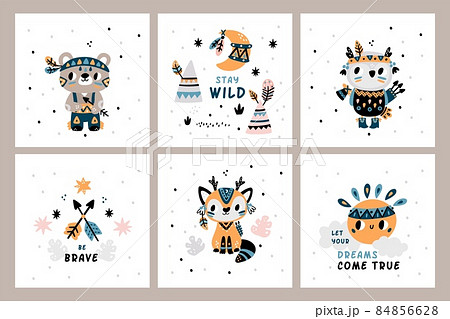 Cute Indian animals cards. Funny woodland tribal creations with decorated muzzles and headbands with feathers. Cartoon mammals in ethnic clothes. Vector Scandinavian style postcards set Cute Indian animals cards. Funny woodland tribal creations with decorated muzzles and headbands with feathers. Cartoon mammals in ethnic clothes. Vector Scandinavian style postcards set 84856628