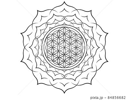Flower of Life, Yantra Mandala in the lotus flower, Sacred Geometry. Black print tattoo symbol of harmony and balance. Mystical talisman, vector isolated on white background  84856682