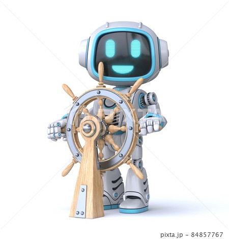 Cute blue robot hold ship wheel 3D 84857767
