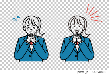 手を組んで焦っているまたは喜んでいる女子学生のシンプルイラスト2ポーズセット 84858802