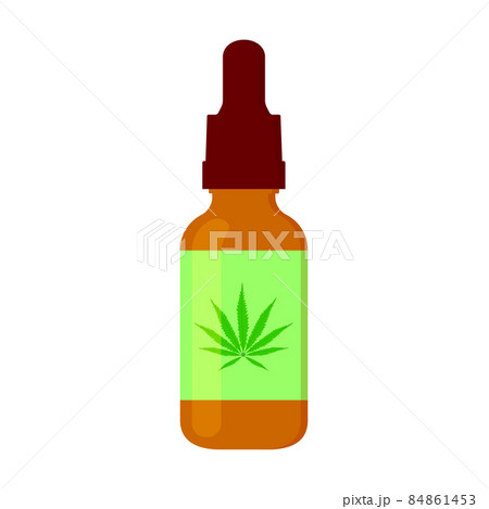 CBD oil serum in bottle with cannabis leaf on label. Hemp cosmetic product for skin and hair isolated on white background. Cannabidiol for beauty care 84861453