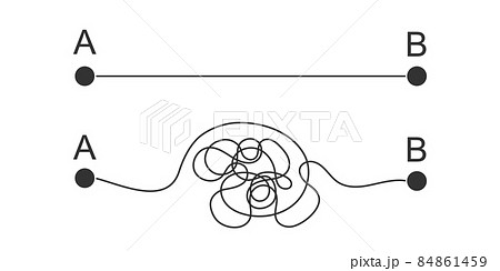 Straight and curved paths from start A to finish B points. Ideal and real plan, expectation and reality concept Straight and curved paths from start A to finish B points. Ideal and real plan, expectation and reality concept 84861459