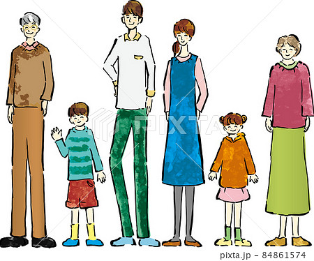三世代家族の全身の手描きイラスト素材　主線あり 84861574