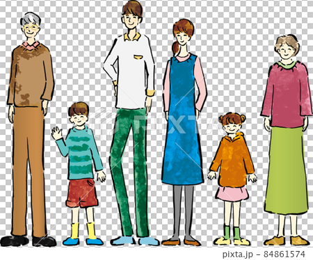 三世代家族の全身の手描きイラスト素材　主線あり 84861574