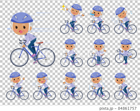 騎著公路自行車的淺紫色球衣老年婦女 騎著公路自行車的淺紫色球衣老年婦女 84861757