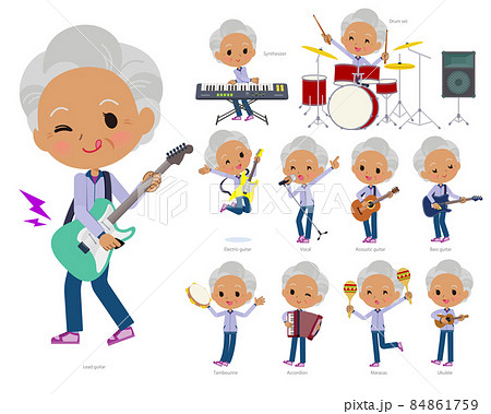 ロックンロールやポップミュージックを演奏する薄紫ジャージ高齢女性のセット 84861759