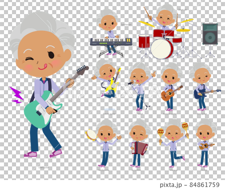 ロックンロールやポップミュージックを演奏する薄紫ジャージ高齢女性のセット 84861759