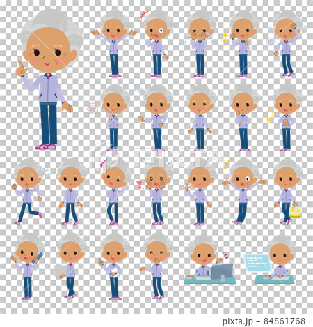 A set of light purple jersey elderly women who express various emotions A set of light purple jersey elderly women who express various emotions 84861768