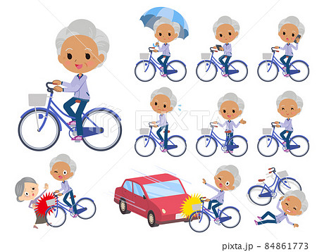 シティサイクルに乗った薄紫ジャージ高齢女性のセット 84861773