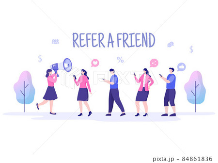 Refer a Friend Flat Design Illustration with Megaphone on Screen Mobile Phone and Social Media Marketing for Friends via Banner, Background or Poster 84861836