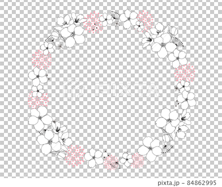 黑白線描櫻花圖案圓框插畫素材 84862995