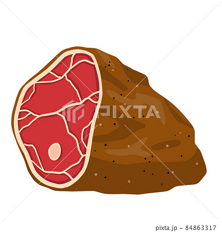 Piece of raw meat. Cut off half beef piece. Cartoon illustration. 84863317