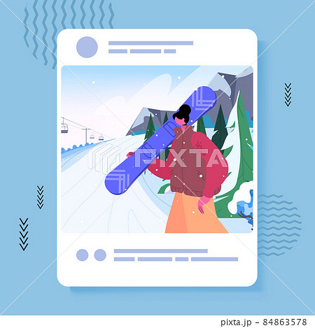 woman blogger snowboarding and sharing photo at social network girl making post for followers social media addiction 84863578