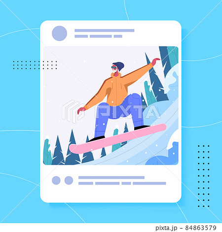man blogger snowboarding and sharing photo at social network girl making post for followers social media addiction 84863579