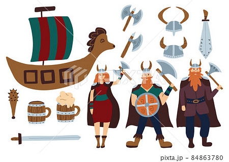 Vector set of vikings. Scandinavian mythological characters. Viking objects set. Vector set of vikings. Scandinavian mythological characters. Viking objects set. 84863780