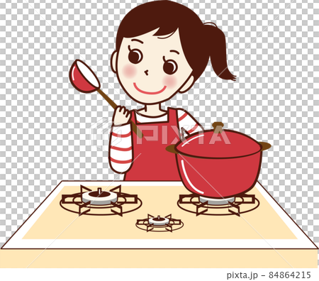 一個穿著圍裙在煤氣爐上做飯的微笑女人。 一個穿著圍裙在煤氣爐上做飯的微笑女人。 84864215