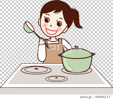 一個穿著圍裙在 IH 爐子上做飯的微笑女人。 84864217