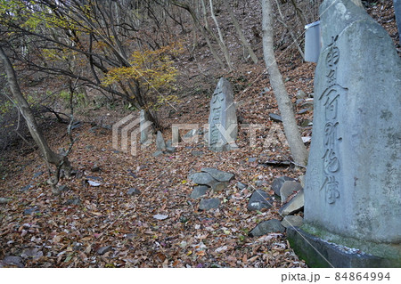 旧中山道の遊歩道 めがね橋からの道と合流以後、坂本宿へ向かう旧中山道 刎石山の下り 旧中山道の遊歩道 めがね橋からの道と合流以後、坂本宿へ向かう旧中山道 刎石山の下り 84864994