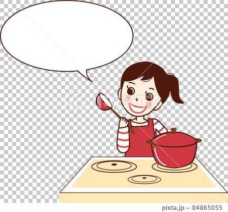 A smiling woman in an apron who cooks and talks... - Stock Illustration ...