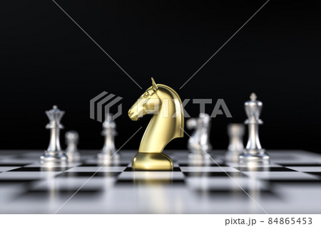 Golden Horse chess pieces on the chessboard. 3D Render 84865453