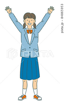 制服を着てバンザイをする女の子の全身 手描き のイラスト素材
