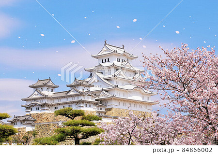 兵庫県　春の姫路城と桜吹雪 84866002