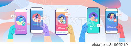 face identity verification scanning facial recognition process personal id access on smartphone screens 84866219