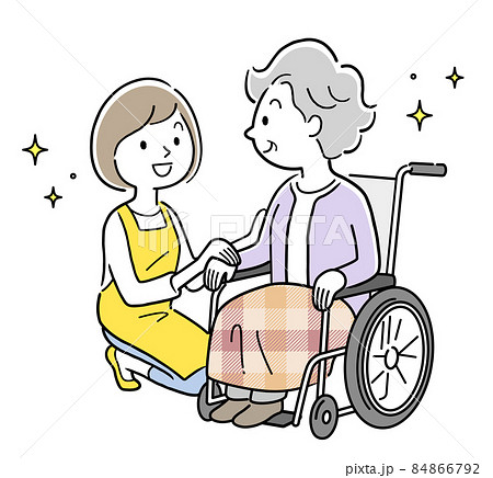 ベクターイラスト素材：車椅子に乗るシニア女性と寄り添う若い女性スタッフ、介護 84866792
