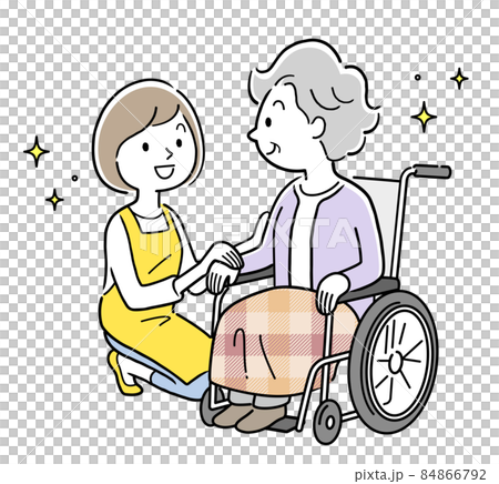 ベクターイラスト素材：車椅子に乗るシニア女性と寄り添う若い女性スタッフ、介護 84866792