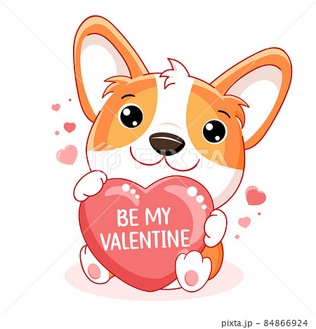 Cute Valentine card in kawaii style. Lovely little corgi puppy with red heart Cute Valentine card in kawaii style. Lovely little corgi puppy with red heart 84866924