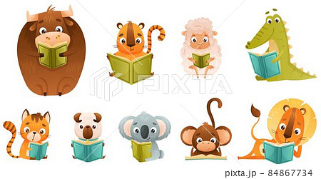 Cute baby animals reading books set. Smart lion, sheep, monkey, cat, dog, chipmunk, bull sitting and studying with book cartoon vector illustration 84867734
