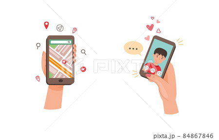 Hands holding smartphones set. Video call boyfriend. City map gps navigation on smartphone screen vector illustration 84867846