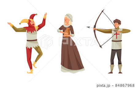 Inhabitants of the medieval city set. Jester, peasant, archer characters vector illustration Inhabitants of the medieval city set. Jester, peasant, archer characters vector illustration 84867968