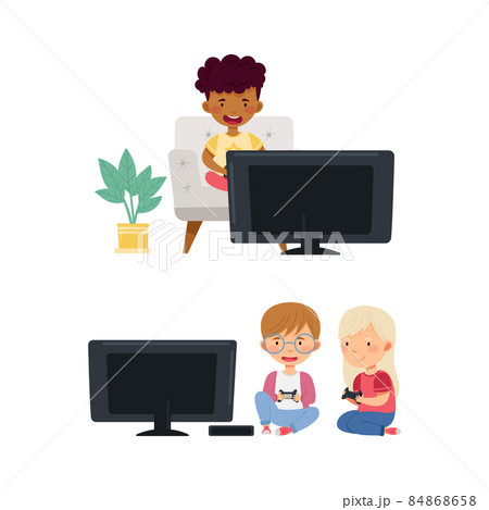 Kids playing video games set. Little boy and girl sitting at tv screen with gamepad controllers vector illustration 84868658