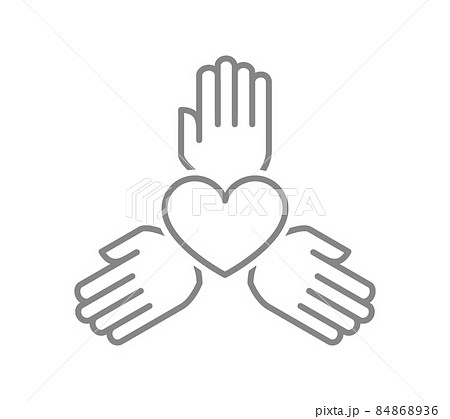 Three hands circle with heart line icon. Charity organization, teamwork, donation symbol 84868936