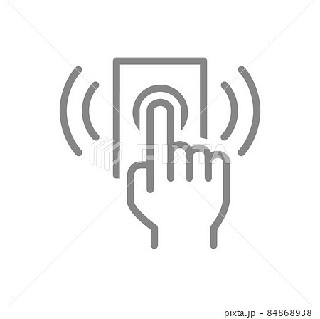 Hand presses the doorbell line icon. Ring the door bell symbol 84868938